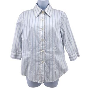 J. McLaughlin Striped Button Down Shirt Womens 10 Blue White 3/4 Sleeve Italian
